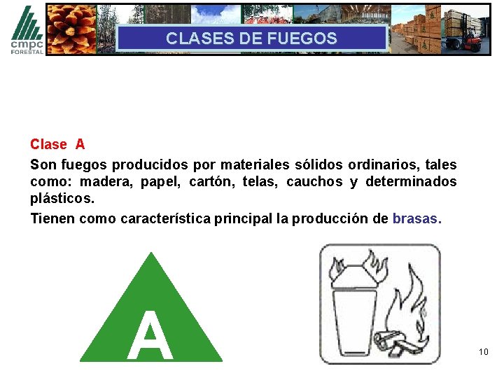 CLASES DE FUEGOS Clase A Son fuegos producidos por materiales sólidos ordinarios, tales como: