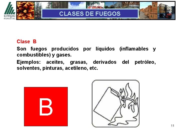 CLASES DE FUEGOS Clase B Son fuegos producidos por líquidos (inflamables y combustibles) y