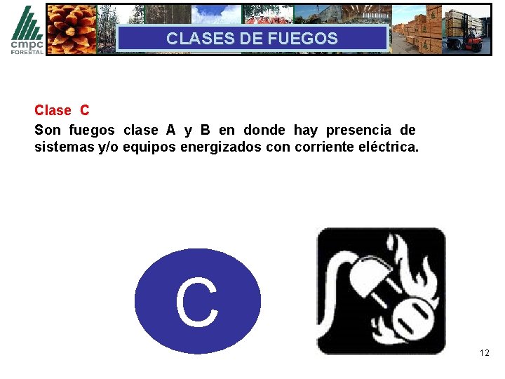 CLASES DE FUEGOS Clase C Son fuegos clase A y B en donde hay