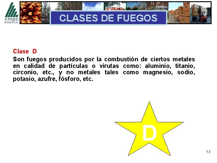 CLASES DE FUEGOS Clase D Son fuegos producidos por la combustión de ciertos metales