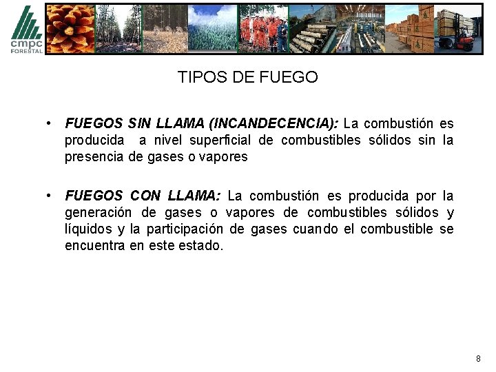 TIPOS DE FUEGO • FUEGOS SIN LLAMA (INCANDECENCIA): La combustión es producida a nivel