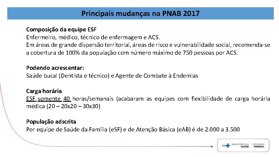 Principais mudanças na PNAB 2017 Composição da equipe ESF Enfermeiro, médico, técnico de enfermagem