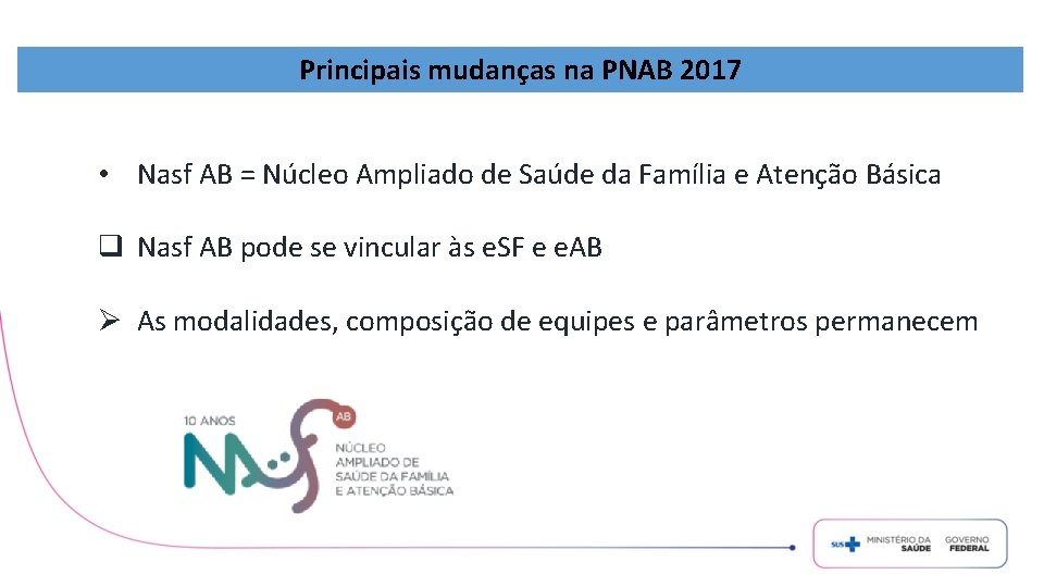 Principais mudanças na PNAB 2017 • Nasf AB = Núcleo Ampliado de Saúde da