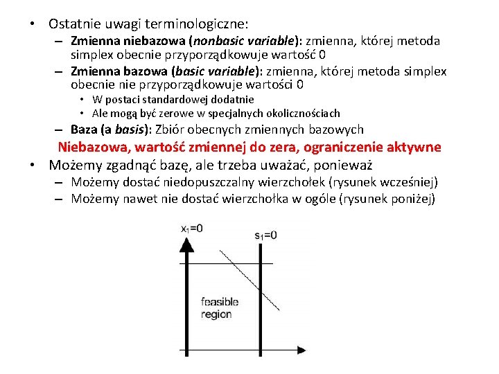  • Ostatnie uwagi terminologiczne: – Zmienna niebazowa (nonbasic variable): zmienna, której metoda simplex