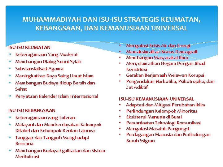 MUHAMMADIYAH DAN ISU-ISU STRATEGIS KEUMATAN, KEBANGSAAN, DAN KEMANUSIAAN UNIVERSAL ISU-ISU KEUMATAN Keberagamaan Yang Moderat