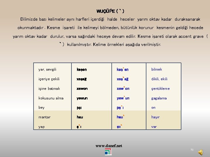 WUÇÜṔE ( ` ) Dilimizde bazı kelimeler aynı harfleri içerdiği halde heceler yarım oktav