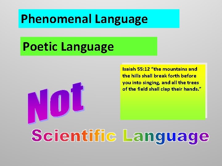 Phenomenal Language Poetic Language Isaiah 55: 12 “the mountains and the hills shall break