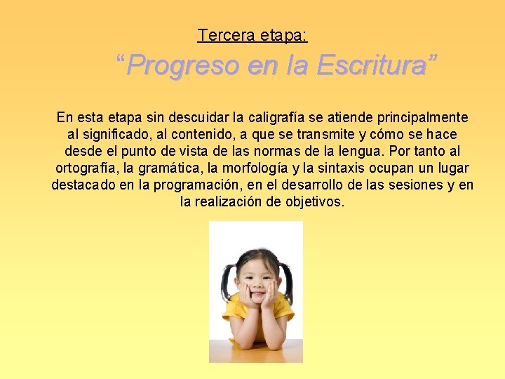 Tercera etapa: “Progreso en la Escritura” En esta etapa sin descuidar la caligrafía se