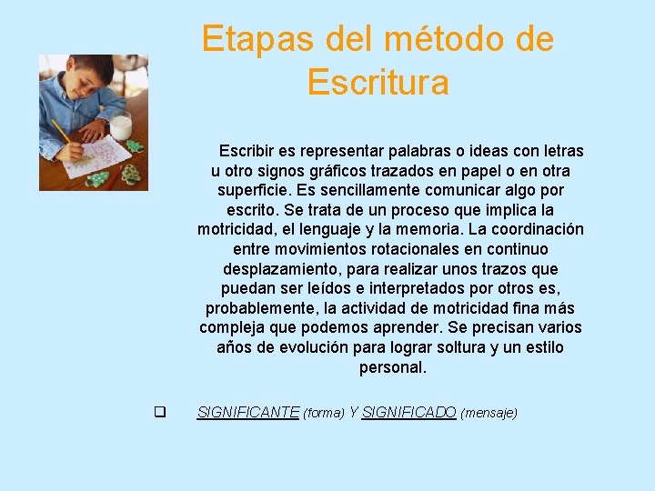 Etapas del método de Escritura Escribir es representar palabras o ideas con letras u