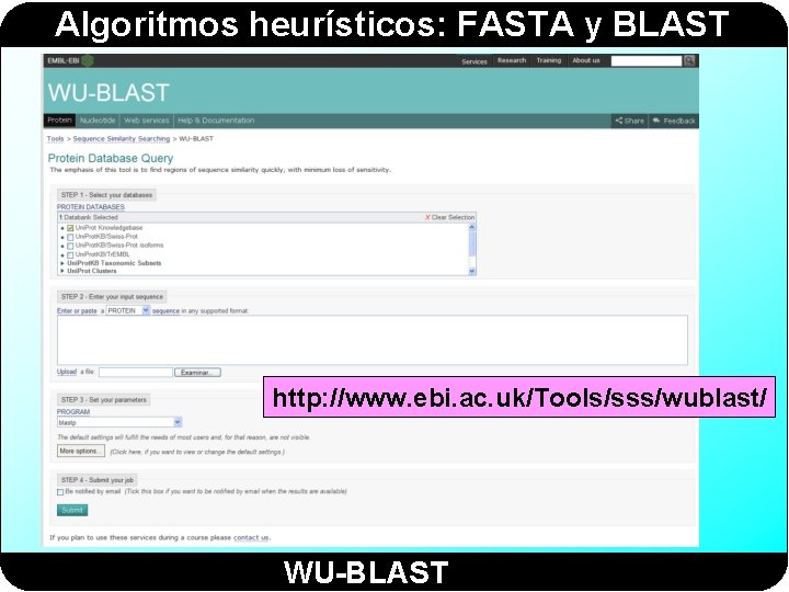 Algoritmos heurísticos: FASTA y BLAST http: //www. ebi. ac. uk/Tools/sss/wublast/ WU-BLAST 