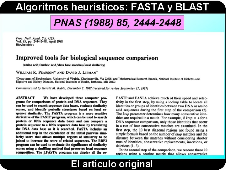 Algoritmos heurísticos: FASTA y BLAST PNAS (1988) 85, 2444 -2448 El artículo original 