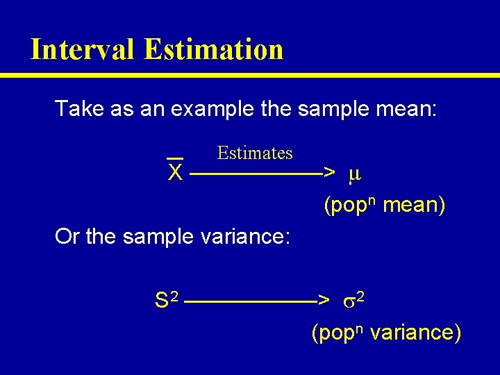 Interval Estimation Take as an example the sample mean: Estimates X ——————> (popn mean)