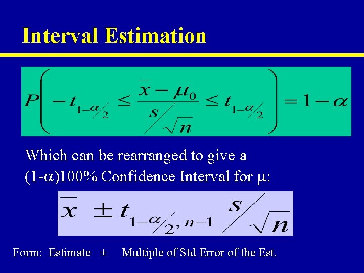 Interval Estimation Which can be rearranged to give a (1 - )100% Confidence Interval
