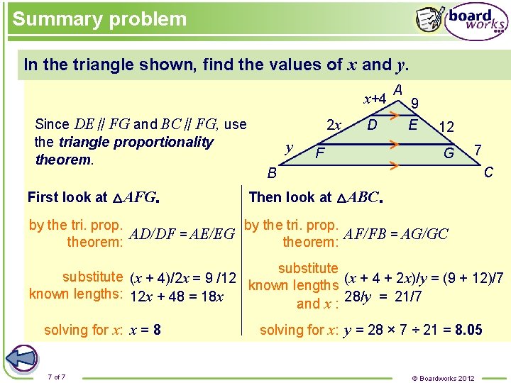 Summary problem In the triangle shown, find the values of x and y. x+4