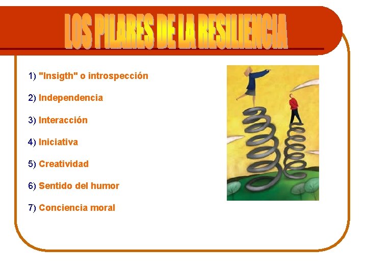 1) "Insigth" o introspección 2) Independencia 3) Interacción 4) Iniciativa 5) Creatividad 6) Sentido