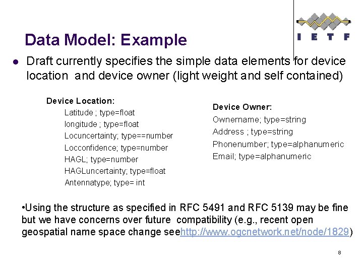 Data Model: Example l Draft currently specifies the simple data elements for device location