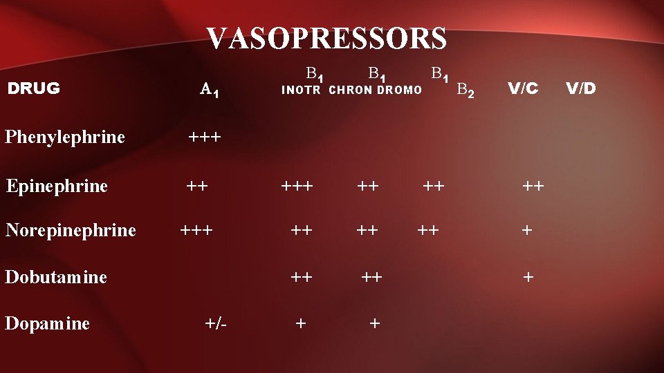 VASOPRESSORS DRUG A 1 B 1 INOTR CHRON DROMO Phenylephrine +++ Epinephrine ++ +++