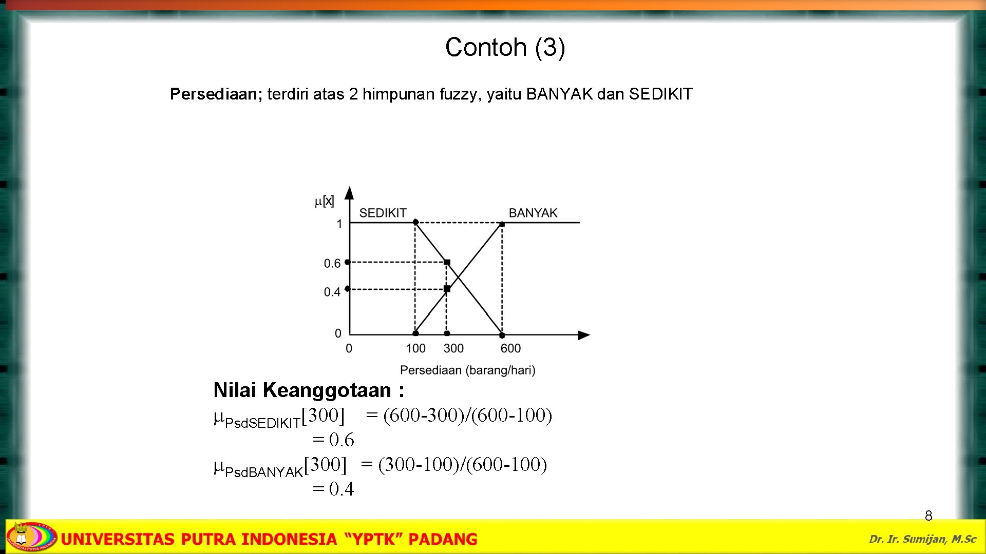 Contoh (3) Persediaan; terdiri atas 2 himpunan fuzzy, yaitu BANYAK dan SEDIKIT Nilai Keanggotaan
