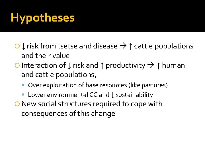 Hypotheses ↓ risk from tsetse and disease ↑ cattle populations and their value Interaction