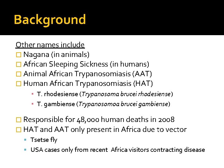 Background Other names include � Nagana (in animals) � African Sleeping Sickness (in humans)