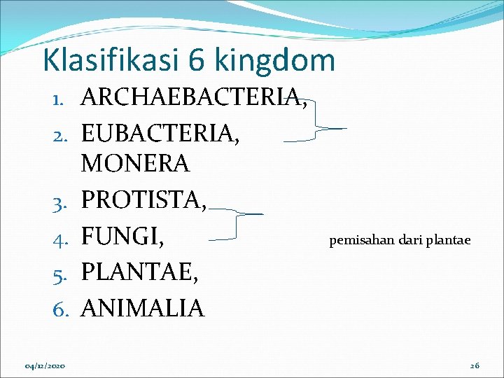 Klasifikasi 6 kingdom 1. ARCHAEBACTERIA, 2. EUBACTERIA, 3. 4. 5. 6. 04/12/2020 MONERA PROTISTA,