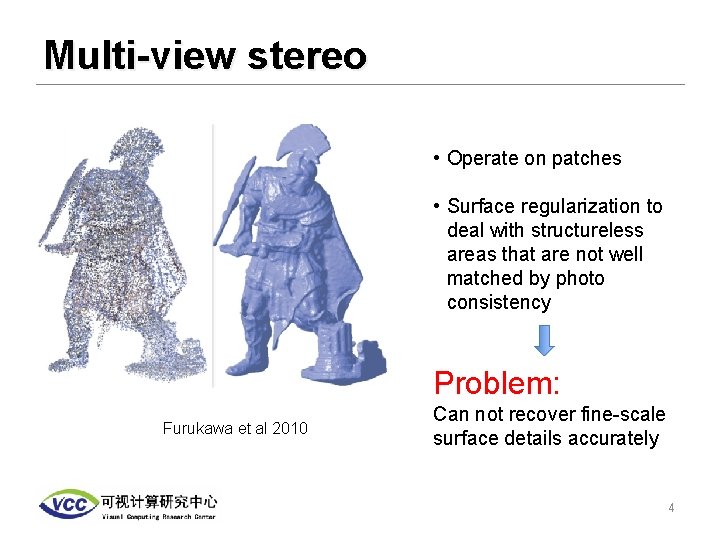 Multi-view stereo • Operate on patches • Surface regularization to deal with structureless areas