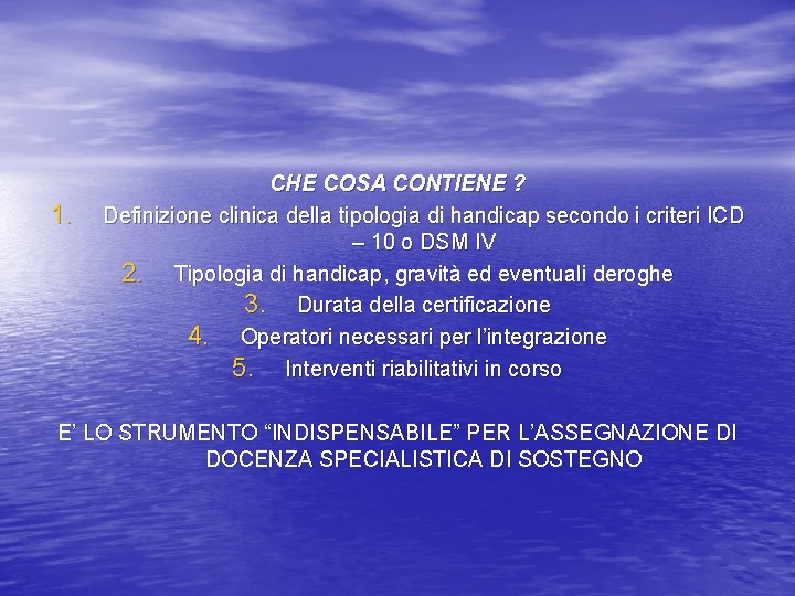 1. CHE COSA CONTIENE ? Definizione clinica della tipologia di handicap secondo i criteri