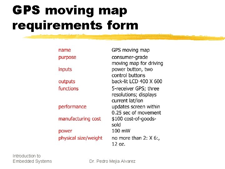 GPS moving map requirements form Introduction to Embedded Systems Dr. Pedro Mejia Alvarez 