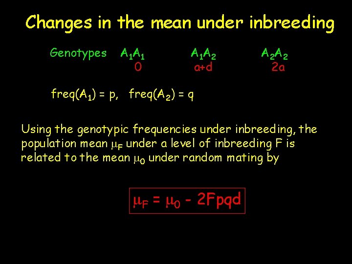 Changes in the mean under inbreeding Genotypes A 1 A 1 0 A 1