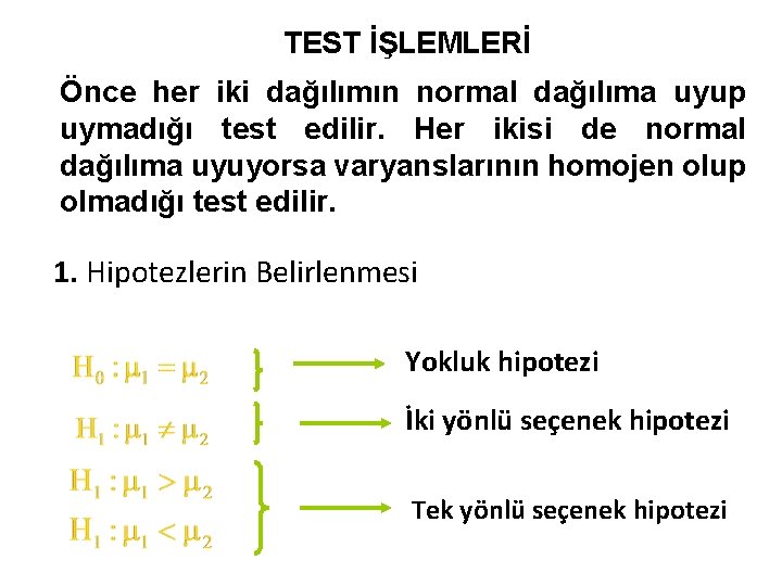 TEST İŞLEMLERİ Önce her iki dağılımın normal dağılıma uyup uymadığı test edilir. Her ikisi