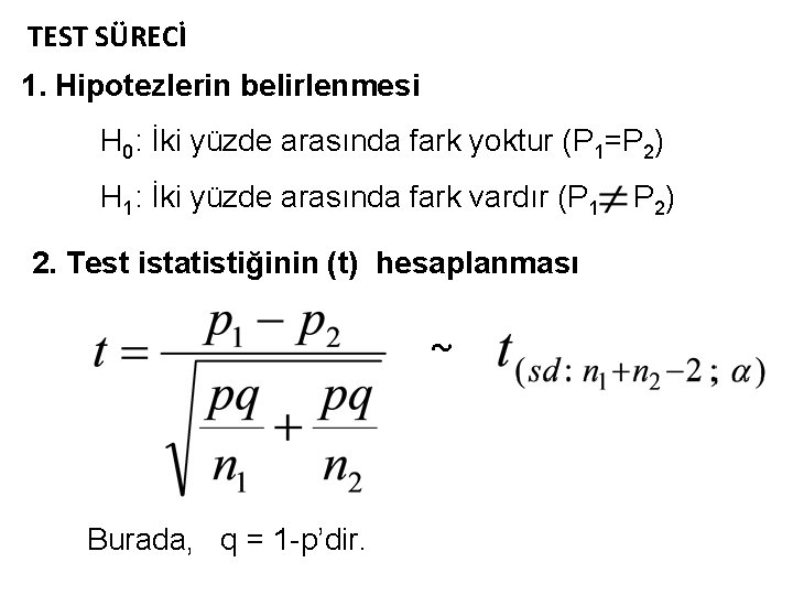 TEST SÜRECİ 1. Hipotezlerin belirlenmesi H 0: İki yüzde arasında fark yoktur (P 1=P