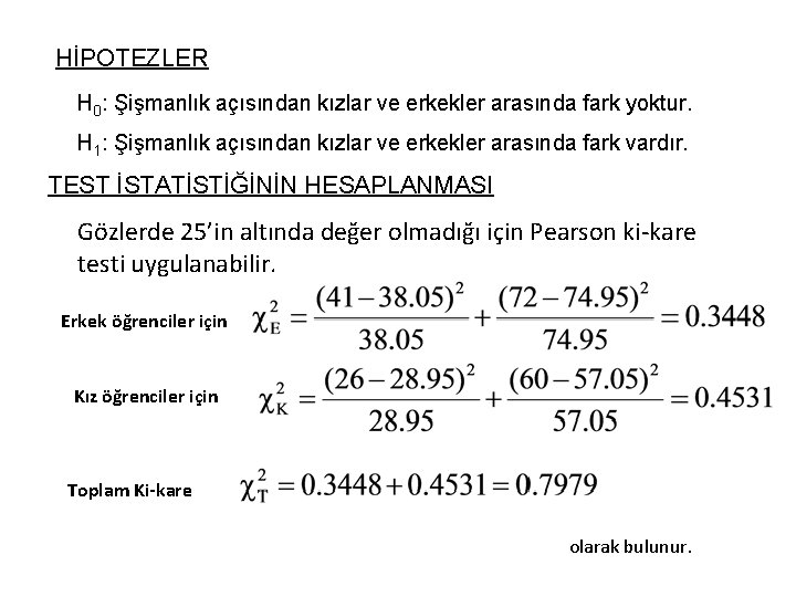 HİPOTEZLER H 0: Şişmanlık açısından kızlar ve erkekler arasında fark yoktur. H 1: Şişmanlık