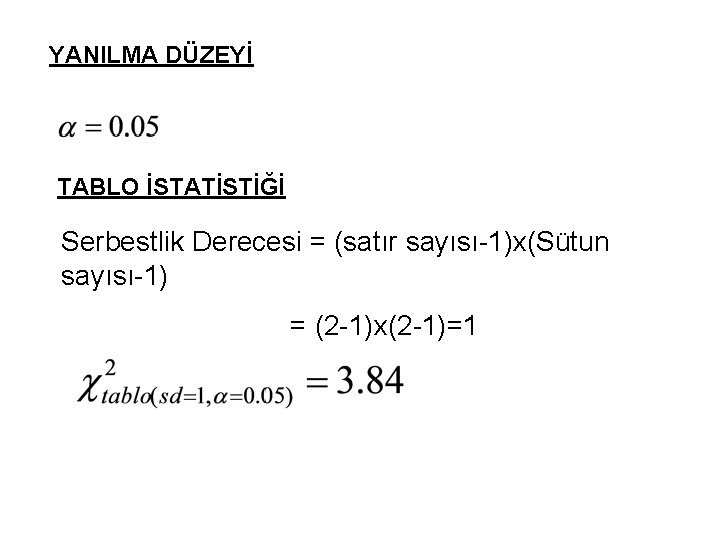 YANILMA DÜZEYİ TABLO İSTATİSTİĞİ Serbestlik Derecesi = (satır sayısı-1)x(Sütun sayısı-1) = (2 -1)x(2 -1)=1
