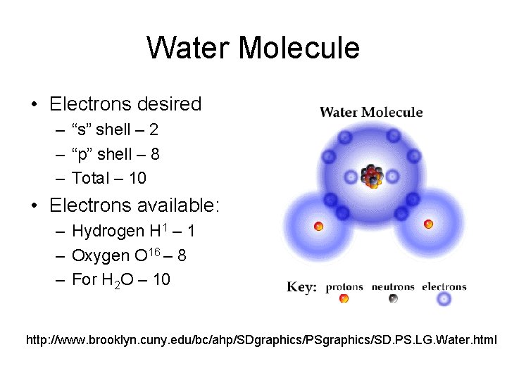 Water Molecule • Electrons desired – “s” shell – 2 – “p” shell –