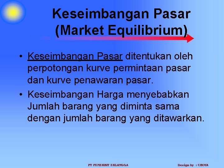 Keseimbangan Pasar (Market Equilibrium) • Keseimbangan Pasar ditentukan oleh perpotongan kurve permintaan pasar dan