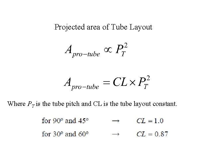 Projected area of Tube Layout Where PT is the tube pitch and CL is