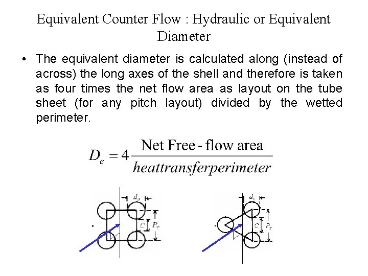 Equivalent Counter Flow : Hydraulic or Equivalent Diameter • The equivalent diameter is calculated
