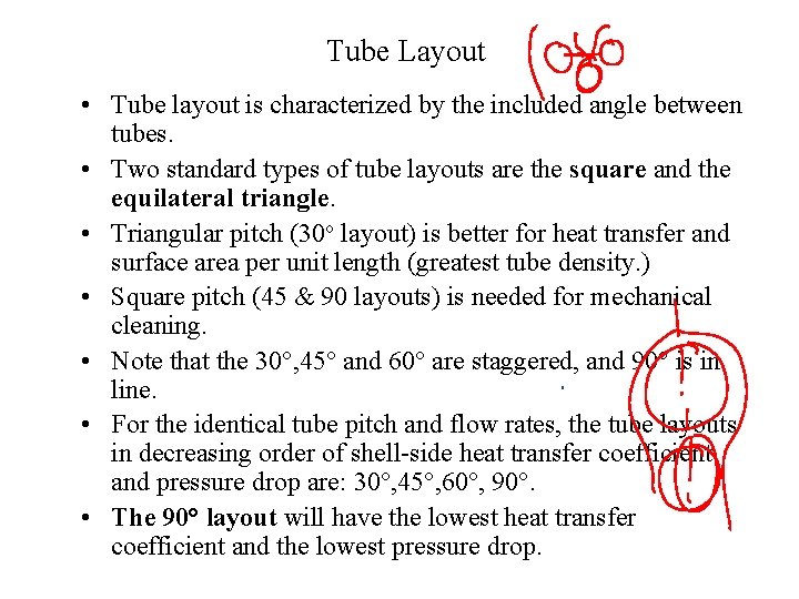 Tube Layout • Tube layout is characterized by the included angle between tubes. •