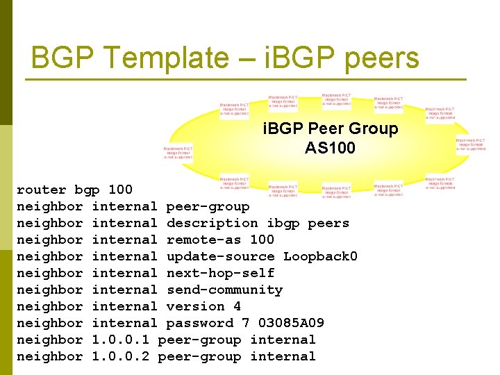 BGP Template – i. BGP peers i. BGP Peer Group AS 100 router bgp