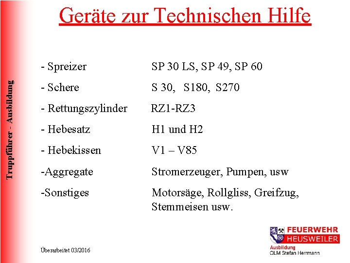 Truppführer - Ausbildung Geräte zur Technischen Hilfe - Spreizer SP 30 LS, SP 49,