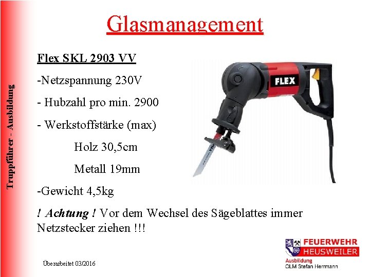 Glasmanagement Truppführer - Ausbildung Flex SKL 2903 VV -Netzspannung 230 V - Hubzahl pro