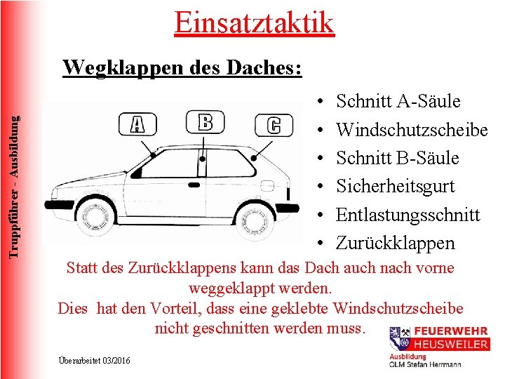 Einsatztaktik Truppführer - Ausbildung Wegklappen des Daches: • • • Schnitt A-Säule Windschutzscheibe Schnitt