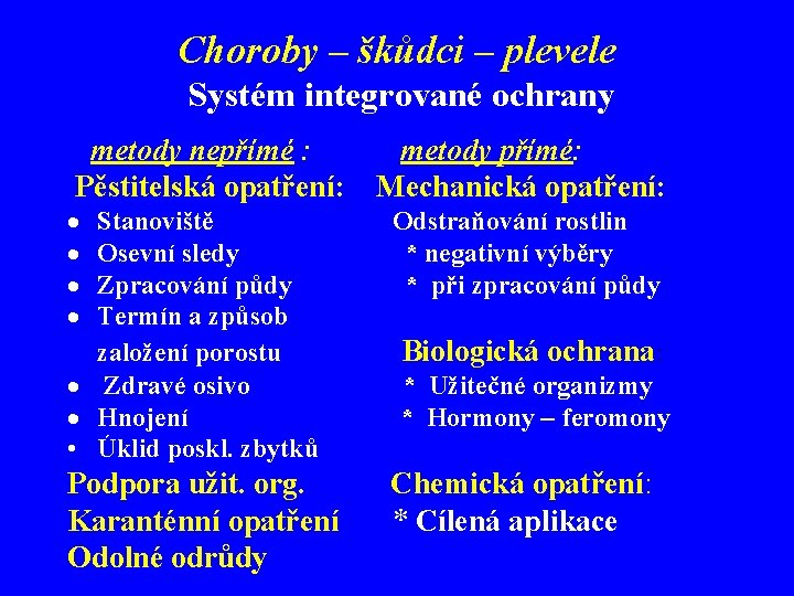 Choroby – škůdci – plevele Systém integrované ochrany metody nepřímé : metody přímé: Pěstitelská