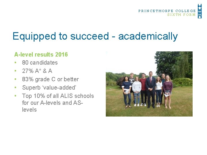 PRINCETHORPE COLLEGE SIXTH FORM Equipped to succeed - academically A-level results 2016 • 80