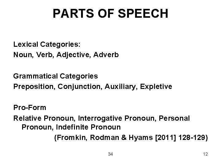 PARTS OF SPEECH Lexical Categories: Noun, Verb, Adjective, Adverb Grammatical Categories Preposition, Conjunction, Auxiliary,