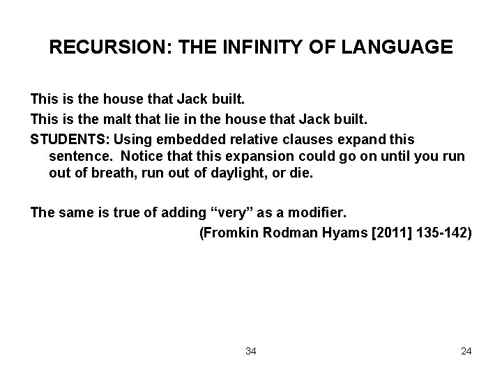 RECURSION: THE INFINITY OF LANGUAGE This is the house that Jack built. This is