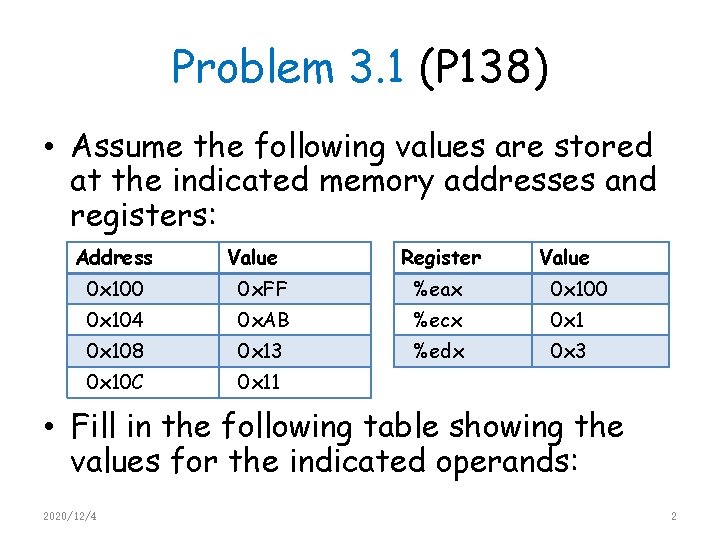 Problem 3. 1 (P 138) • Assume the following values are stored at the