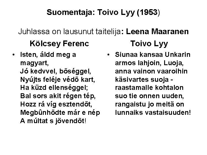 Suomentaja: Toivo Lyy (1953) Juhlassa on lausunut taitelija: Leena Maaranen Kölcsey Ferenc • Isten,