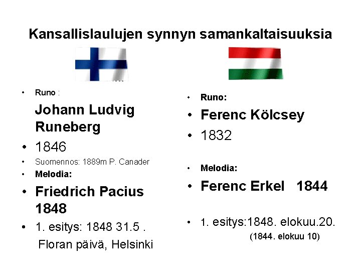 Kansallislaulujen synnyn samankaltaisuuksia SUOMI • Runo : Johann Ludvig Runeberg • 1846 • Suomennos: