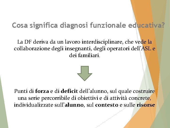 Cosa significa diagnosi funzionale educativa? La DF deriva da un lavoro interdisciplinare, che vede